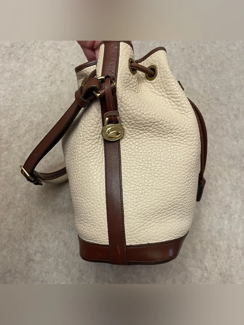 Dooney & Bourke Vintage Y2K Leather Bone/Cream with Brown Trim Bucket Bag Purse